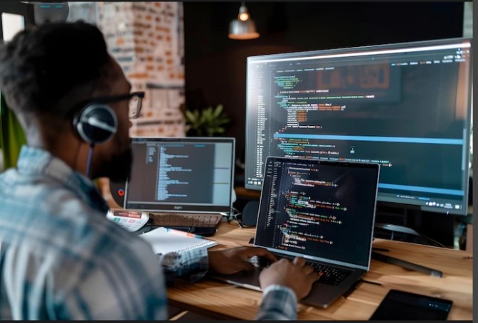 A web developer typing code on multiple screens
